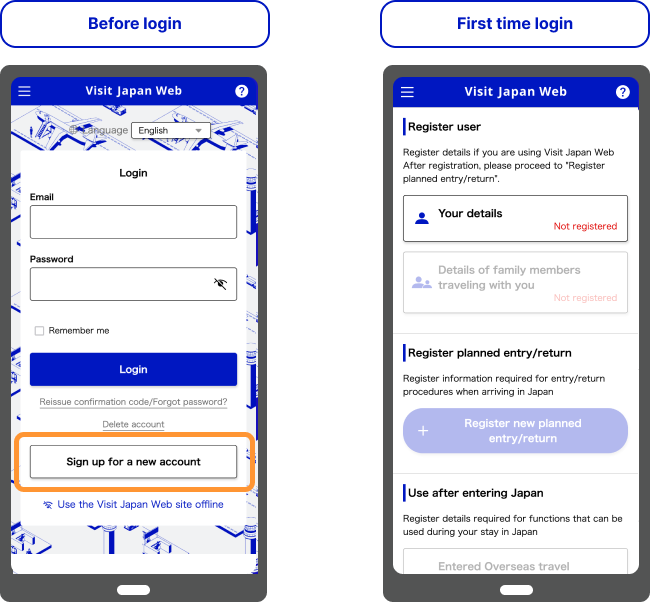 Visit Japan Web: Create an account or log in